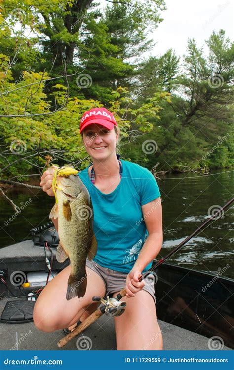 Woman Angler Large Mouth Bass Fishing Stock Image Image Of Happy