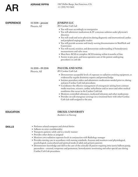 Rn Cardiac Cath Lab Resume Samples Velvet Jobs