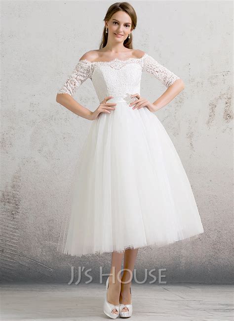 Ball Gown Off The Shoulder Tea Length Tulle Wedding Dress With Beading