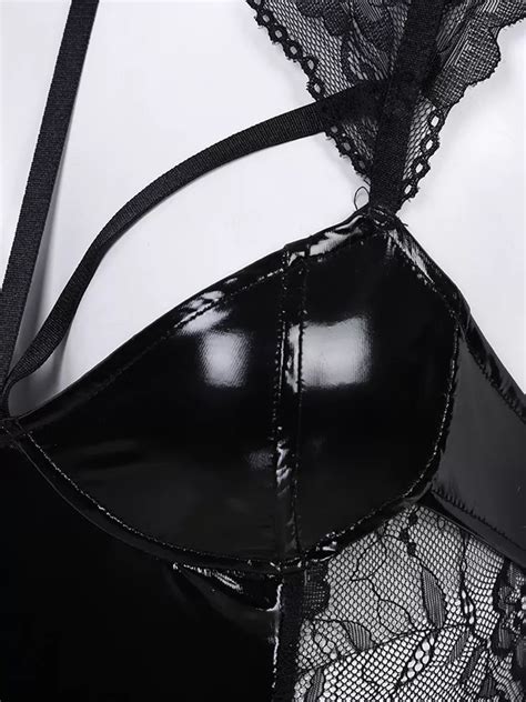 Women Sexy Lace Transparent Teddy Bodysuit Black Lace Up Leather Lingerie