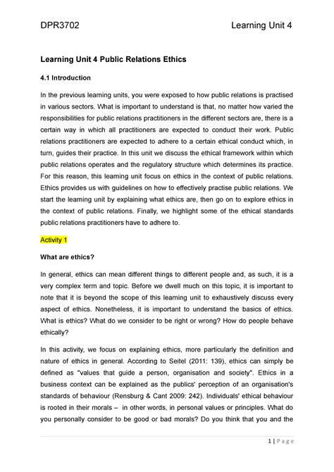 Dpr3702 Learning Unit 4 Learning Unit 4 Public Relations Ethics 4