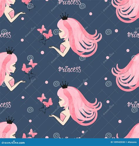 Seamless Princess Pattern With Beautiful Girls And Butterflies Stock