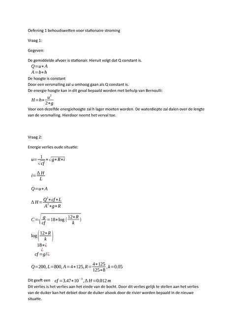 Verplichte Opgave 1 Behoudswetten Voor Stationaire Stroming Vragen En