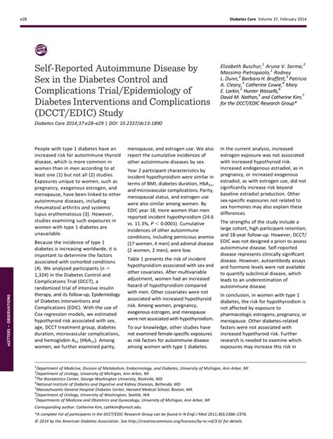 Pdf Self Reported Autoimmune Disease By Sex In The Diabetes Control And Complications Trial