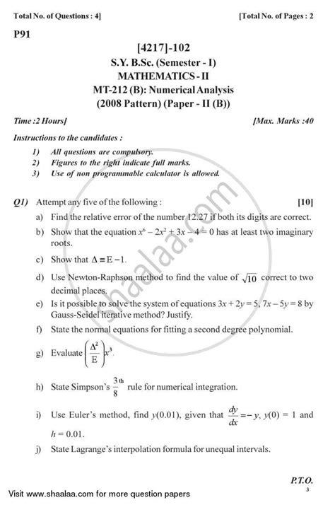 Question Paper B Sc Mathematics Semester Sybsc Numerical Analysis