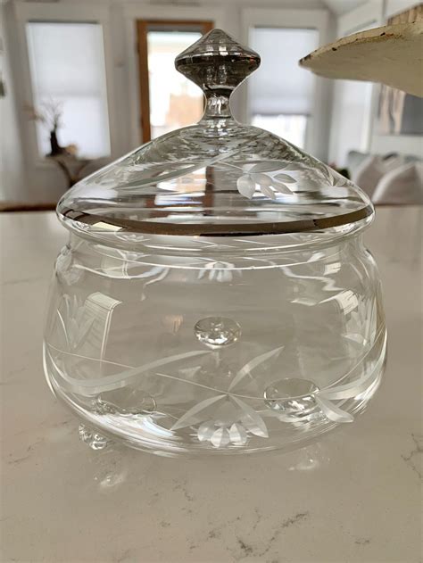 Vintage Czech Clear Glass Candy Dish With Lid Etched Glass Etsy