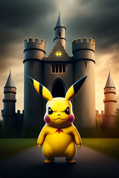 Lexica A Scary Version Of Pikachu Standing In Front Of A Giant Castle