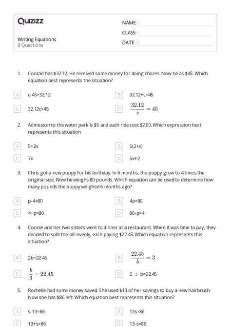 50 Writing Equations Worksheets For 6th Grade On Quizizz Free