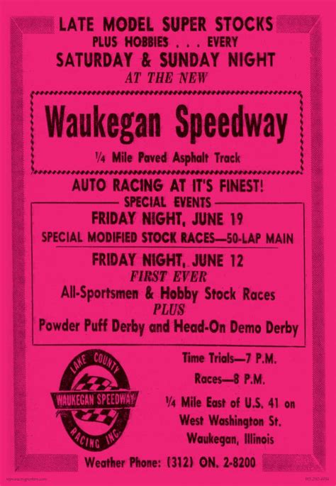 Waukegan Speedway Pink 1970 — Vintage Reproduction Racing Posters