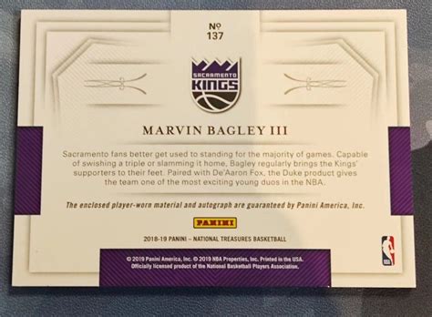 National Treasures Rc Rookie Patch Auto Marvin Bagley Iii