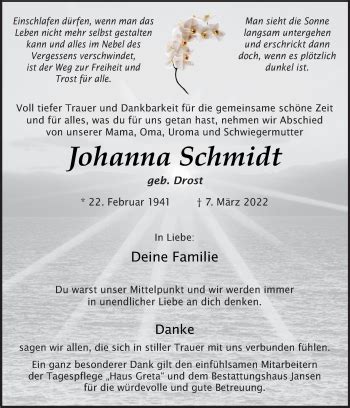 Traueranzeigen Von Johanna Schmidt Noz Trauerportal