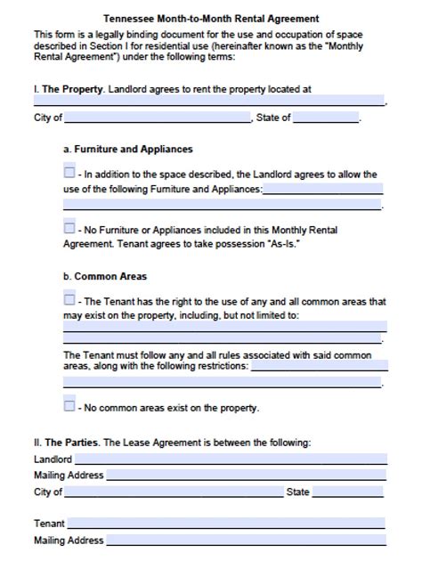 Free Tennessee Rental Lease Agreement Templates Pdf Word