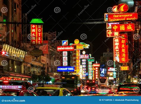 Night At Yaowarat Road The Main Street Of China Town Bangkok