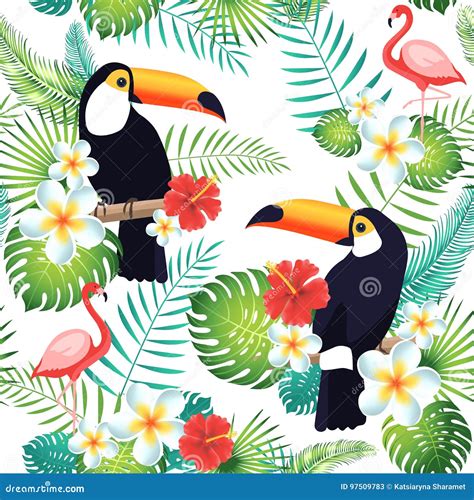 Tropical Seamless Pattern With Toucans Flamingos Exotic Leaves And