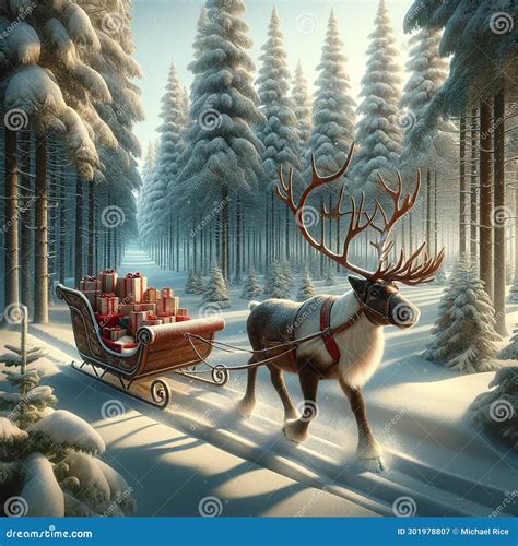 Winter Wonderland Journey Reindeer Pulled Sleigh In Snowy Woods Stock