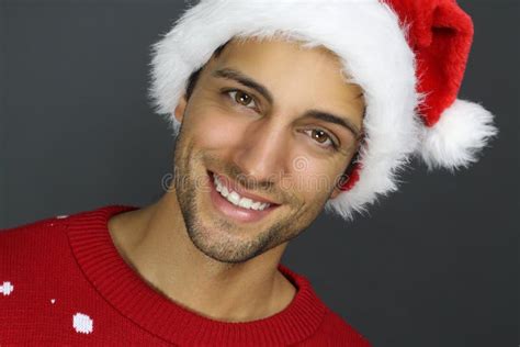 Handsome Man Wearing A Santa Hat Smiling Stock Image Image Of Happy