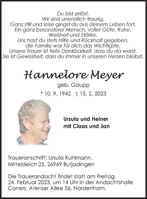 Traueranzeigen Von Hannelore Meyer Nordwest Trauer De