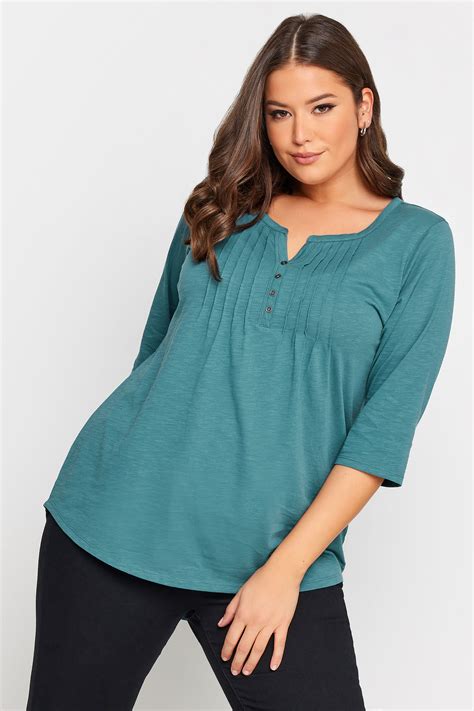 Yours Plus Size Teal Blue Pintuck Henley T Shirt Yours Clothing