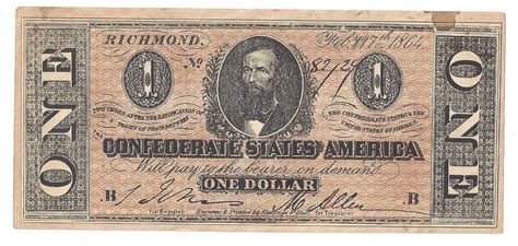 1864 Confederate One Dollar Bill Banknote Facsimile 4623478806