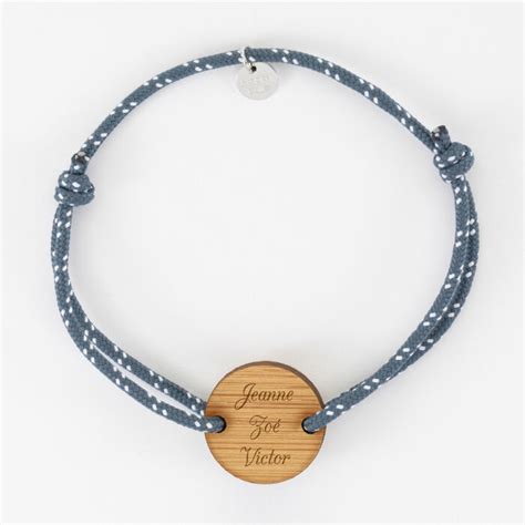 Bracelet homme personnalisé cordon marin médaille gravée bois ronde 21