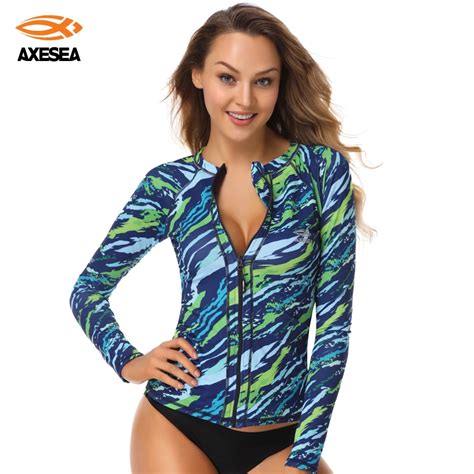 Axesea Rashguard Women Long Sleeve Swimsuit Sun Protection Rash Guard Print Front Zipper