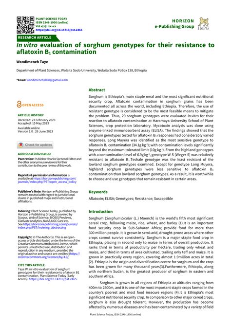 PDF In Vitro Evaluation Of Sorghum Genotypes For Their Resistance To