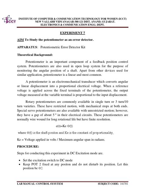 Experiment 7 Aim To Study The Potentiometer As An Error Detector