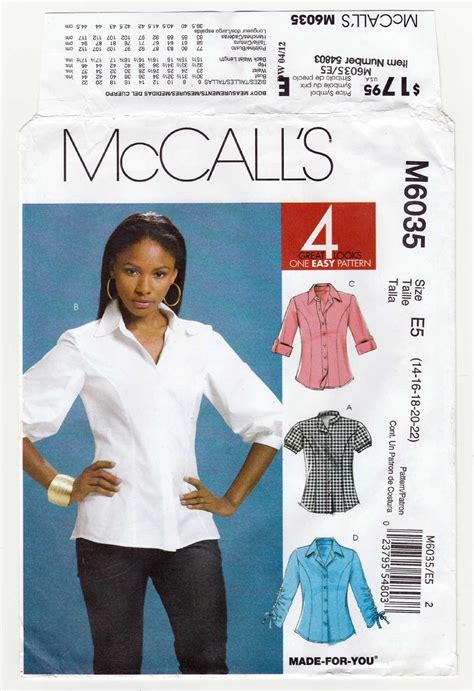 Women S Shirt Sewing Pattern Size 14 16 18 20 22 UNCUT McCall S M6035 6035