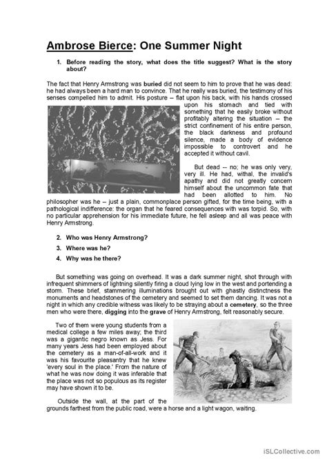 One Summer Night Ambrose Bierce English Esl Worksheets Pdf And Doc