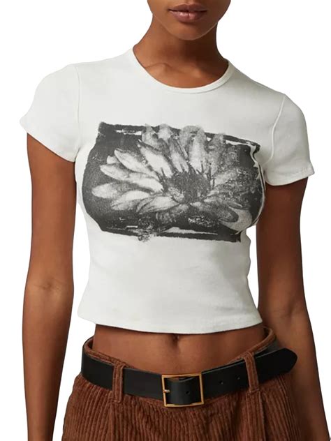 Kishawna Women S Sketch Lotus Print Short Sleeve Cropped Basic T Shirts