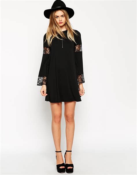 Asos Boho Swing Dress With Long Sleeve And Lace Inserts In Black Lyst