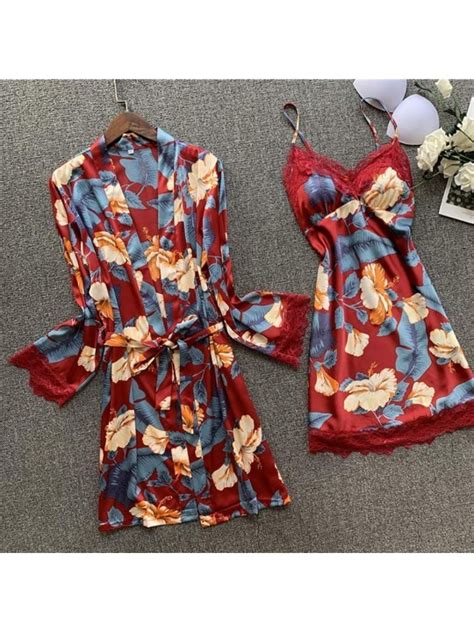 Womens 4pcs Silk Satin Pajama Set Cami Top Nightgown Lace Sleepwear Robe Sets Sexy Nightdress