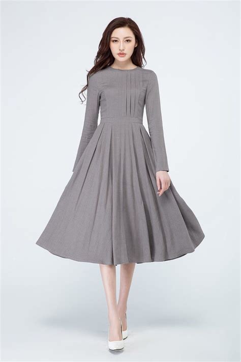 Gray Dress Women Crew Neck Dress Linen Dress Womens Dresses Formal