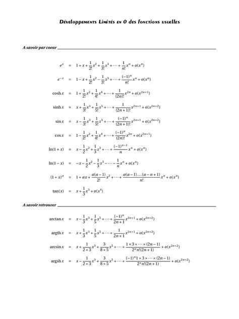 Développements Limités En 0 Des Fonctions Usuelles A Savoir Par Coeur Descargar Gratis Pdf