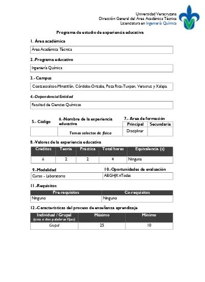 Programa De Estudio De Experiencia Educativa Coatzacoalcos Minatitl N