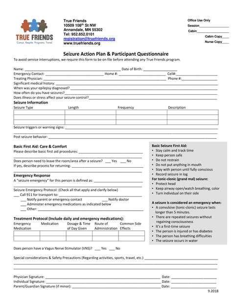 Fillable Online Seizure Action Plan Participant Questionnaire Fax