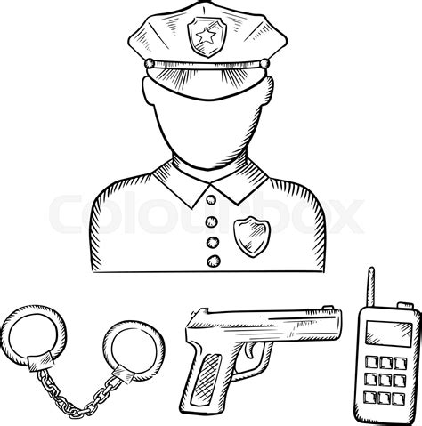 Policeman with handcuffs and gun sketches | Stock vector | Colourbox