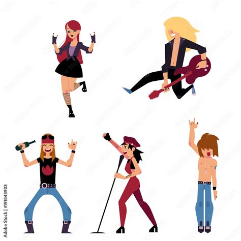 Set Of Young Rock Musicians Singer Band Leader Guitarist Cartoon