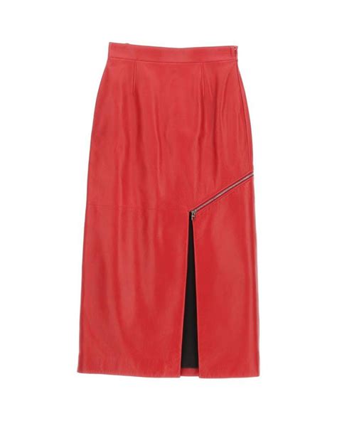 Alexander Mcqueen High Waist Side Slit Leather Midi Skirt In Red Lyst