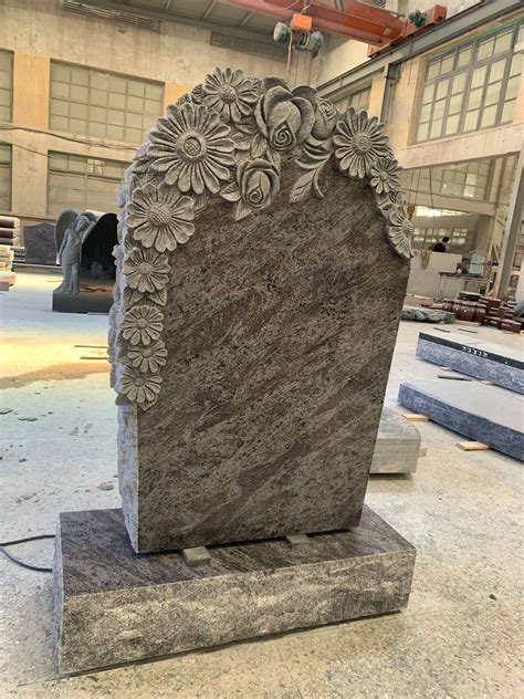 Hand Carved Unique Flower Headstone Bahama Blue Granite Tombstone