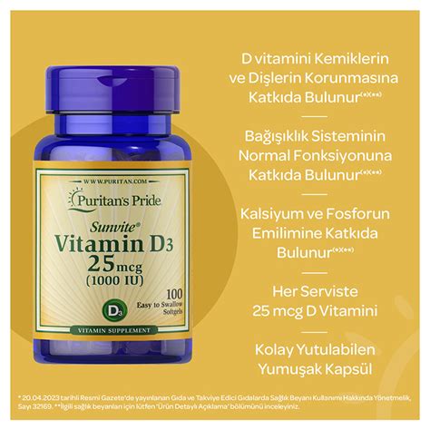 Puritans Pride Vitamin D3 1000 Iu 100 Yumuşak Kapsül D Vitaminleri