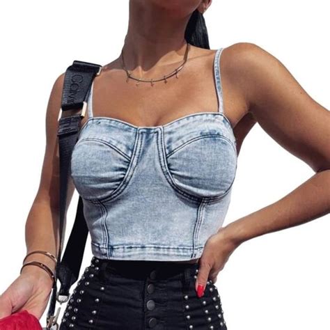 Sexy Denim Camisole Crop Top Femmes Dos Nu Tube Top Solide Fermeture Éclair Exposée Nombril