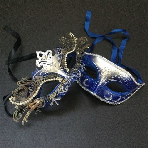 Silver Blue Masquerade Ball Mask Pair Birthday Costume Burlesque Party