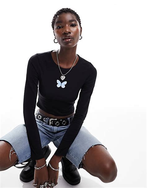 Monki Long Sleeve Cropped Top In Black With Butterfly Front Print Asos