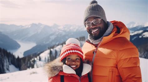 Feliz Familia Afroamericana Sonriente Padre Con Hija Monta As Nevadas