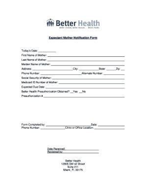 Fillable Online Expectant Mother Notification Form Better Health Fax