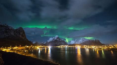 Norwegen, Lofoten, Nacht, Nordlichter, Küste, Lichter 1920x1080 Full HD ...