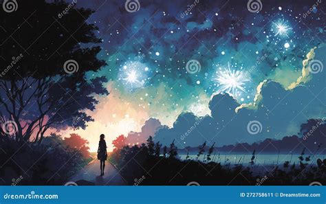 Calming Summer Night Sky Bursting With Stunning Fireworks Stock