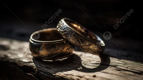 Two Gold Wedding Rings On A Wooden Surface Background Picture Of