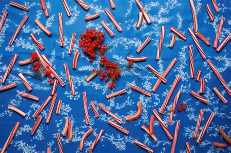 Premium Photo Top View Of Candy Canes Scattered On A Blue Tablecloth